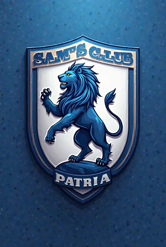 A soccer shield that says Sam's club Patria 6215 and its animal in the center is a lion colors blue and white 