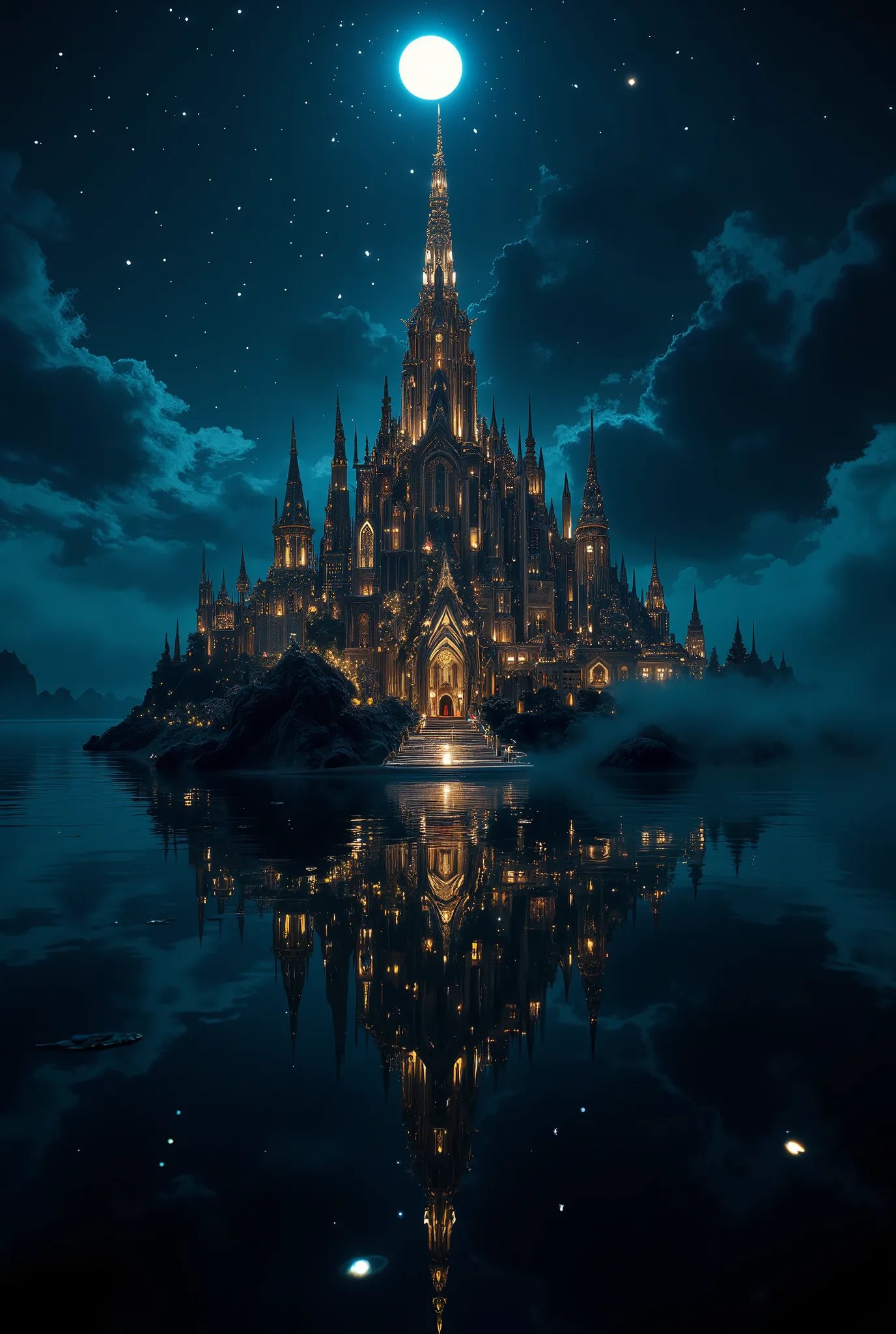 A beautiful ocean with clear water, On it stands a city mirrored in the moonlight, Beautiful stars brighten the city, This magnificent image is shrouded in mystery and Mystic magic,  Masterpiece , 8 k, best quality, intricate details, maximum quality, high...