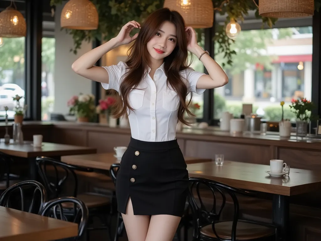 This high-quality photograph, A full body of a beautiful Thai woman 20 years old with long, wavy brown hair and light skin, looking at viewer, smile expression. She is dressed in short sleeve white collared shirt , hi-gross, short pencil black skirt with s...