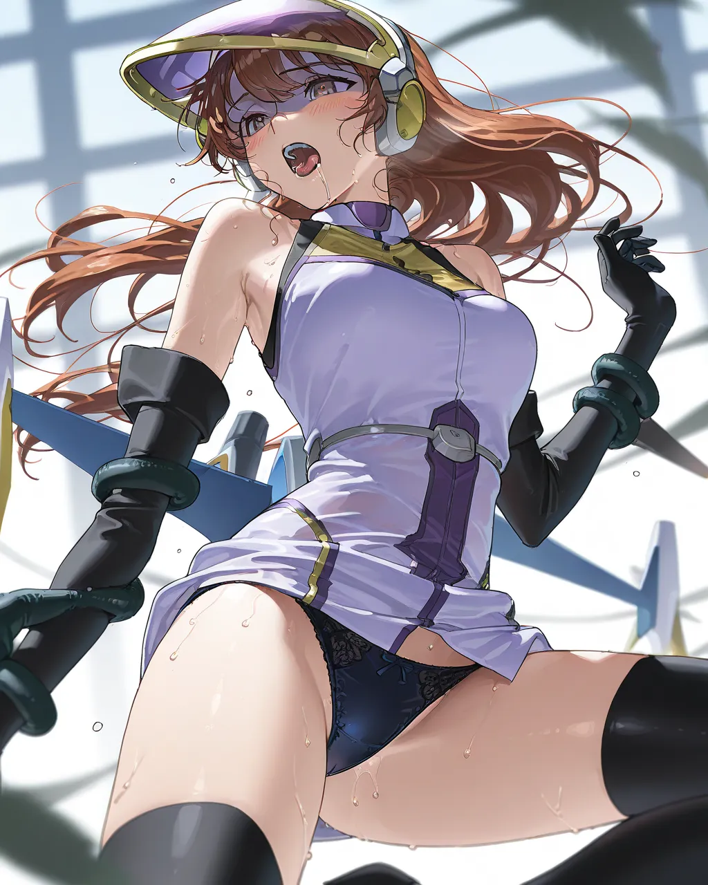 masterpiece, Anime Coloring Book,1 girl, Alone thin feather_armor, 1 girl, Alone, gold trim purple&white halter dress, black elbow gloves, black thigh high socks, thin feather_ helmet, Rip up the visor,looks at one woman,  Hair, long hair,thin feather_jet ...