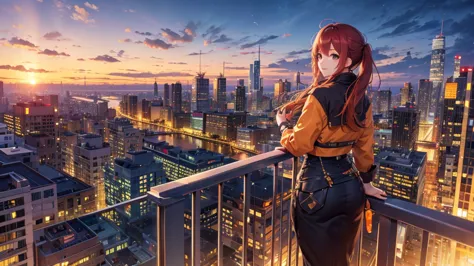 highest quality、realistic、4K、8k、professional、extreme detail、Vivid Colors、 bokeh effects 、at dusk、cityscape、building、Orange Sunset 、 look back、 cityscape、sunset、HDR、 Atmosferic 