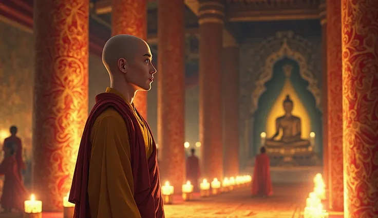 Inside a grand Buddhist ashram, a Buddhist young man stands in quiet contemplation. His side profile is gracefully illuminated by the soft glow of lanterns, highlighting his bald head, clean-shaven face, and serene expression. Dressed in traditional saffro...