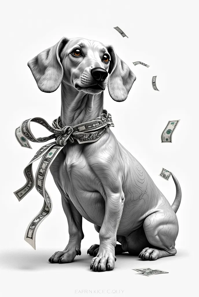 draw Belfort Jordan's marble dachshund with dollars black and white drawing 