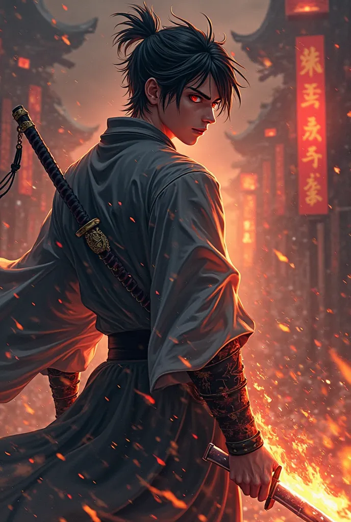 An anime boy with red eyes and fire katana in his hand and getting ready to fight a black small entity. Highly detailed View from backside 