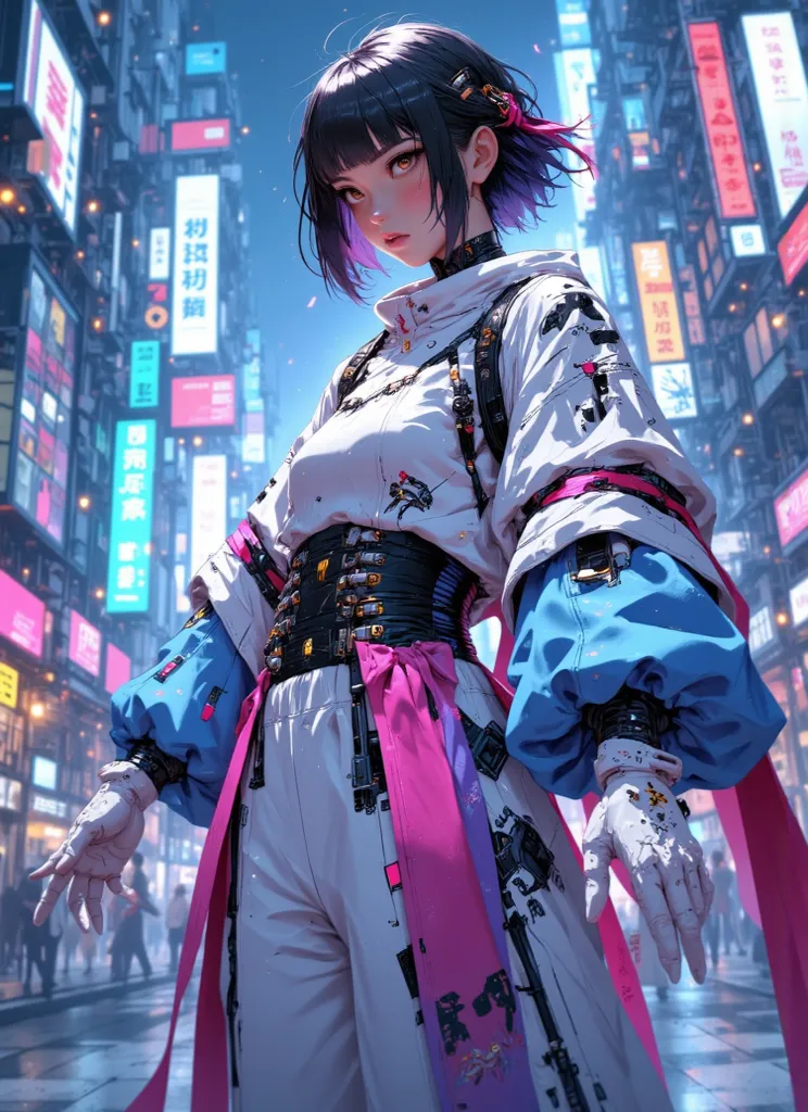 Young Chinese character, fly away, Adult 20-something, Short black hair, brown eyes, wearing futuristic clothing inspired by kimono in shades of blue, rosa, purple,  White ,Futuristic scene, Sci-Fi City, Floating platform , neon lights,  particle effects, ...