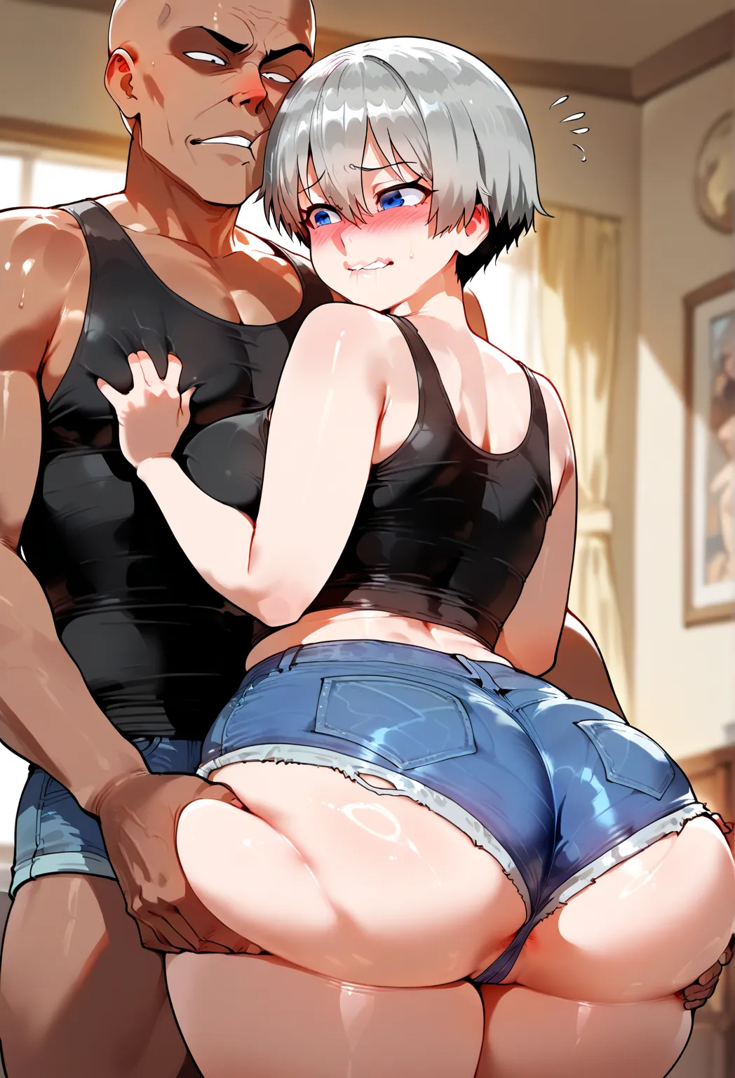 *Image of an anime couple,  in the bedroom , best quality, best aesthetics, Uzaki Hana,  shy expression,  red cheeks, short hair, shiny, Franja Reta, blue eyes,  frowned eyebrows , gently biting the bottom lip, excitement, lust. voluptuous body, neckline l...