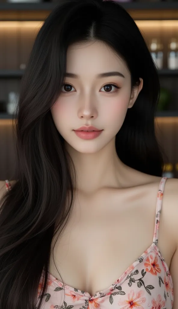 A highly detailed, ultra-realistic portrait of a young woman with long, silky black hair and flawless, radiant skin. She has large, expressive natural black eyes, soft pink lips, and well-defined facial features and have big boobs. She is wearing a floral ...