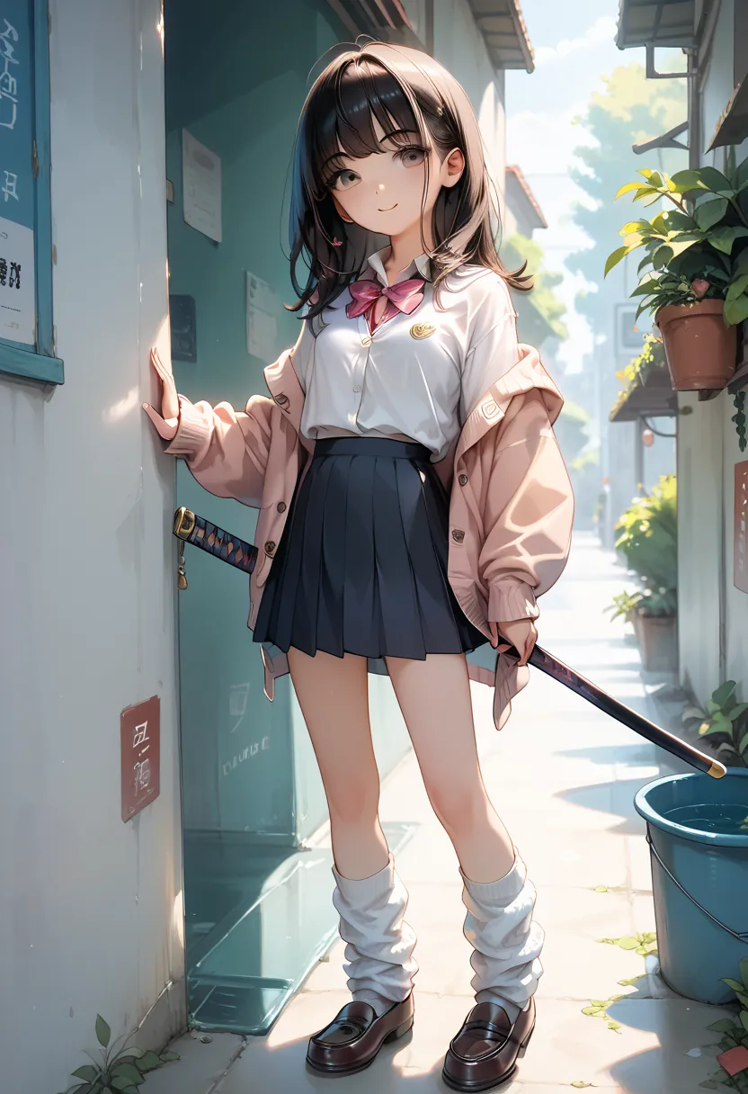 Score_9,Score_8_up,Score_7_up,highest quality anime,,masterpiece,1 girl,slim,small breasts,(Ideal slender proportions),(blown_long_hair,straight_bangs,white shirts,pleats skirt,loose socks,loafers,rapping cardigan on waste),(holding Katana),(gal-make)