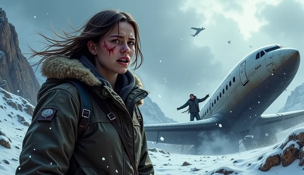 A young woman with a face covered in cuts and a terrified expression, wearing a torn thick jacket, stands amidst the wreckage of a crashed plane on a snowy mountain. Strong winds blow snow debris around her. In the background, a man is seen slipping near t...