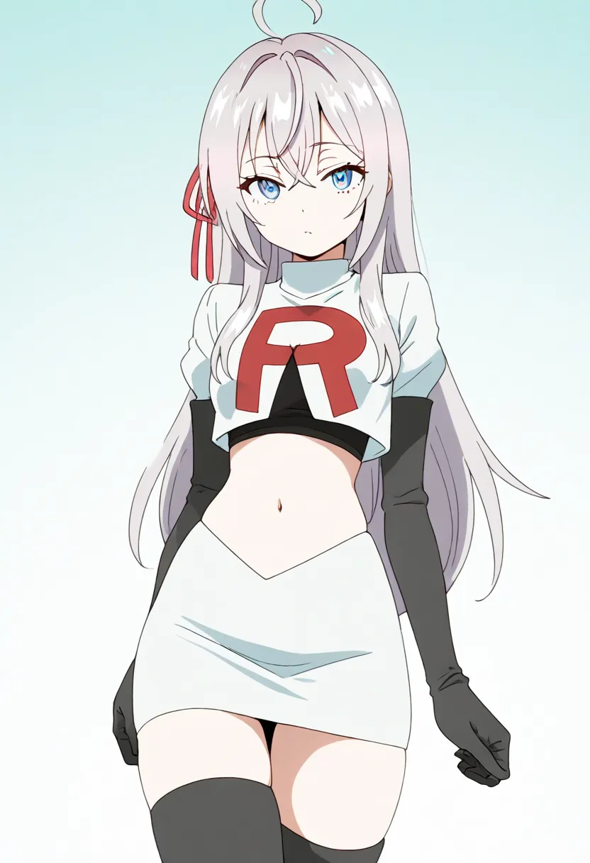 masterpiece, best quality, amazing quality,
1girl, solo, looking at viewer, gradient background, 
long hair, silver hair, ahoge, crossed bangs, red hair ribbon, sidelocks, blue eyes,
team rocket,team rocket uniform,white skirt,red letter R,crop top,black t...