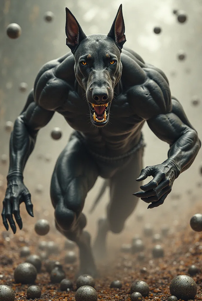 A Doberman dog with a muscular man's body and surrounding Zinc balls is rushing at the character