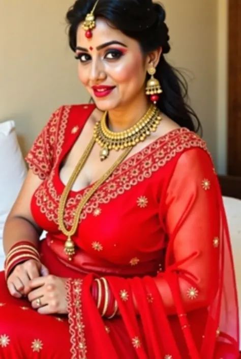 Indian beautiful woman sexy bhabhi, Sindoor aka Vermilion mark in middle partition of hairs,middle parting ornament in hairs,Golden long necklace,Sleeveless blouse,very deep cleavage,curvy plus size model wearing transparent red embroidered color saree,red...