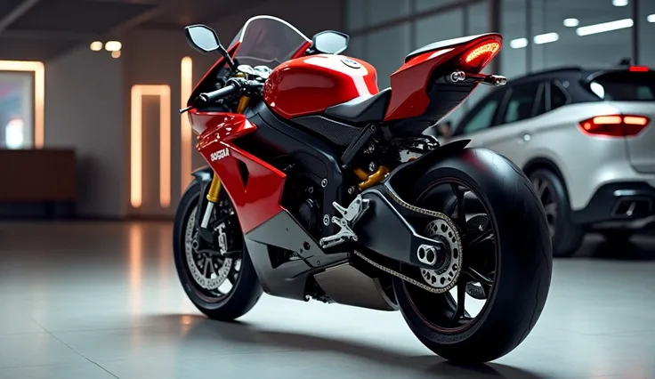 Generate 2025"MV Agusta F4 RC 2025-The Ultimate Superbike Reborn bike motorcycle in showroom back side 