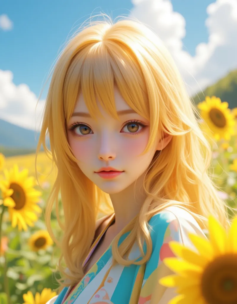 Golden-haired anime girl standing in a field of flowers,  beautiful sunflower anime girl, anime style 4k, detailed Digital Anime Art,  Beautiful Anime Portraits , Digital Anime Art
