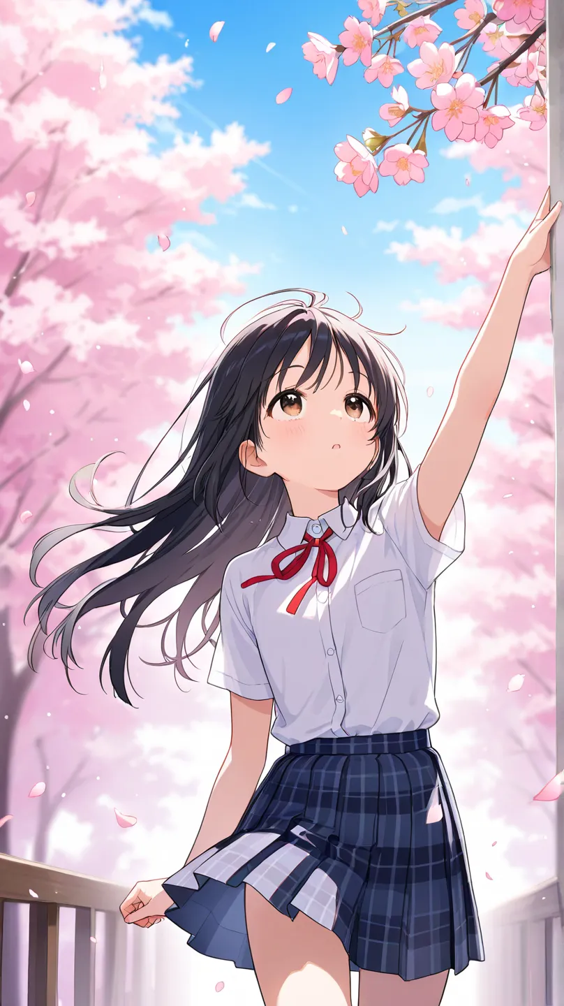 One young, cute Japanese girl in her early s has big brown eyes, long black hair, small breasts, and a flat chest、red ribbon on the collar of a white shirt、Tartan Check Pleated Skirt、I'm looking up at the sky、blue sky、My hair is disheveled by the wind、My s...