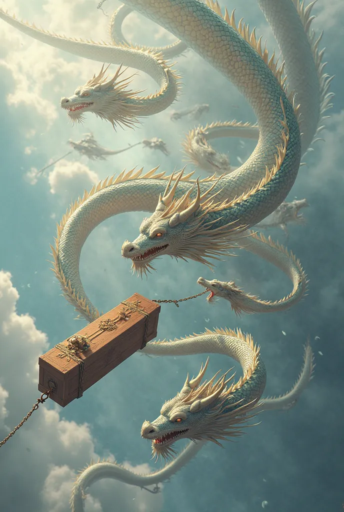 9 Asian dragons soar into the sky pulling a coffin with a chain 