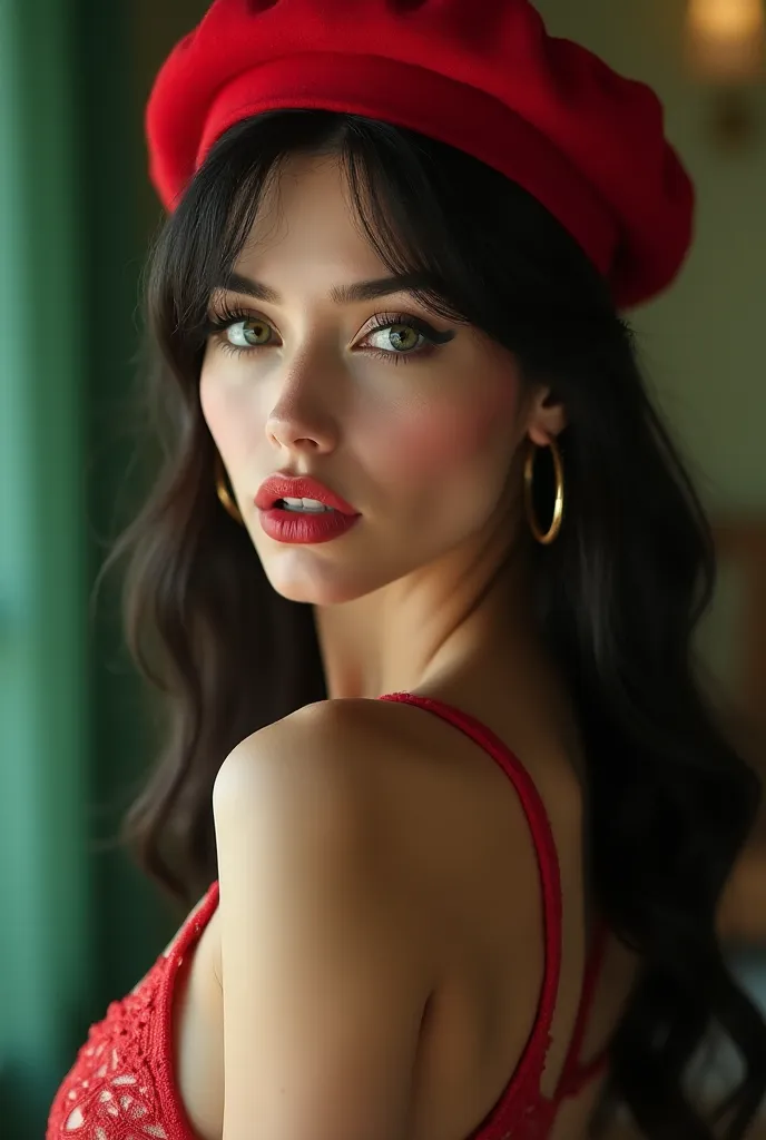 Crea una fotografía lo más fotorrealista posible y with explicit content de una chica con rasgos ucranianos. She must have green eyes and long hair, suave, smooth and very black. Must have a red Parisian beret. Must have large hoop earrings. She must have ...