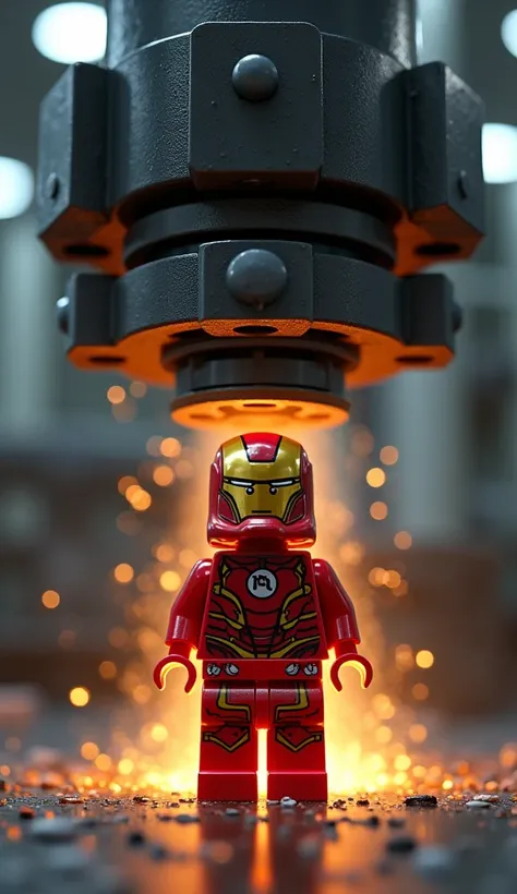 (Ultra realistic), lego toy with gold and red light under a brand new hydraulic press.