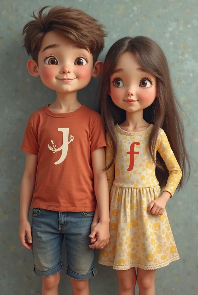 Create an image showing a boy and a girl holding hands with the initial on their chest, the boy with the initial j and the girl with the initial f, and that boys are about 20 years old looks more realistic.