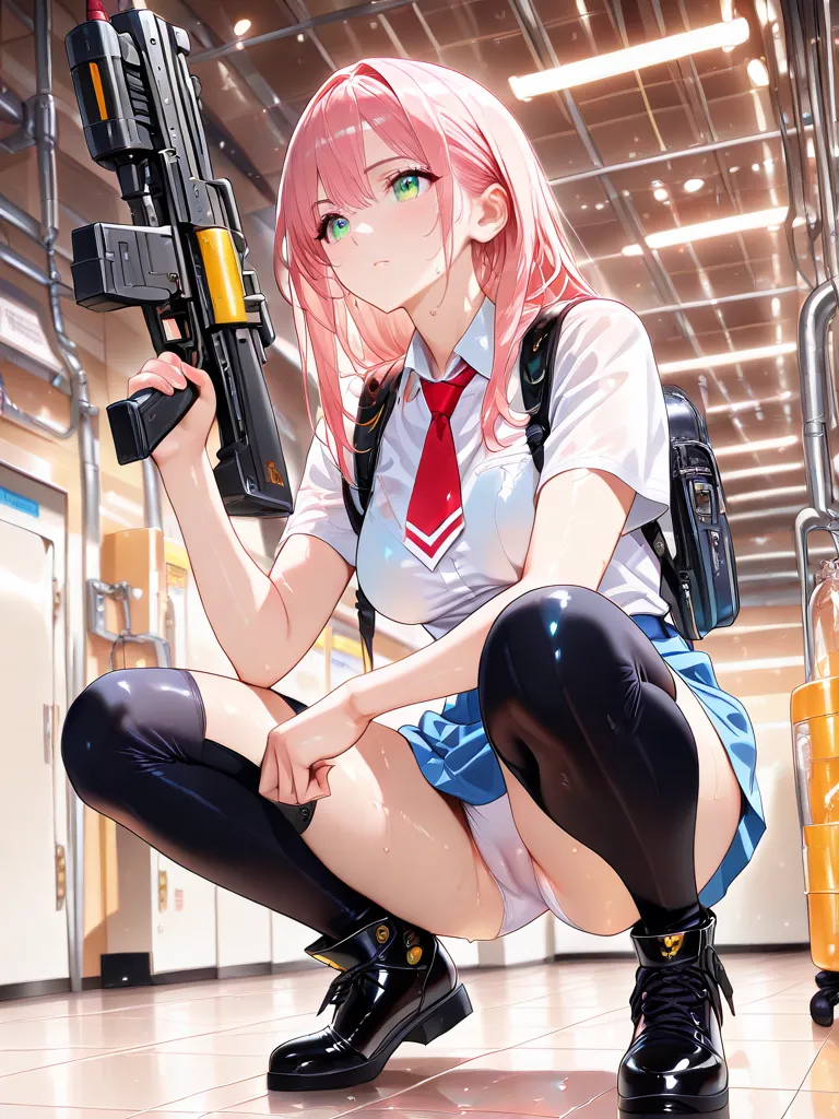 anime - style illustration of a woman in a high school red uniform, laser GUN action video game character, holding a GUN, official character art, full body, female action anime girl, sweaty, factory area, (masterpiece:1.2), (best quality:1.2), (very aesthe...