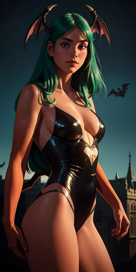 Realistic oil painting by Morrigan Aensland, Warm body, dynamic sensual pose,  soft smile,  long green hair , (( bat wings)) , detailed skin textures, intricate, detailed face, hyperrealistic, realistic light and shadows , cinematographic lighting.  Dark c...