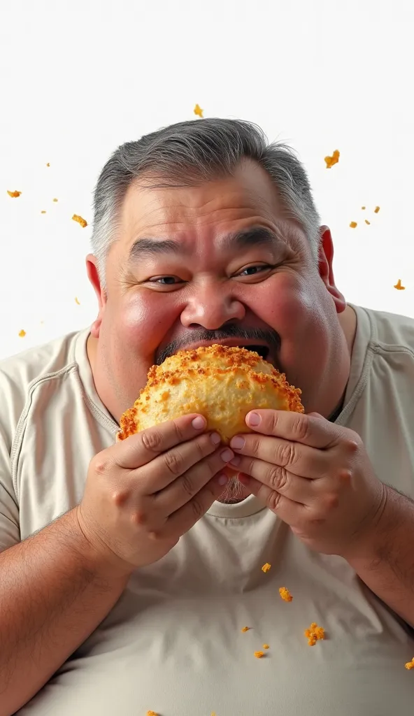 Fat man sitting. And eating samosa, With white backround