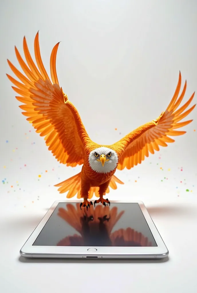 orange eagle popping out of an iPad on a minimalist white background