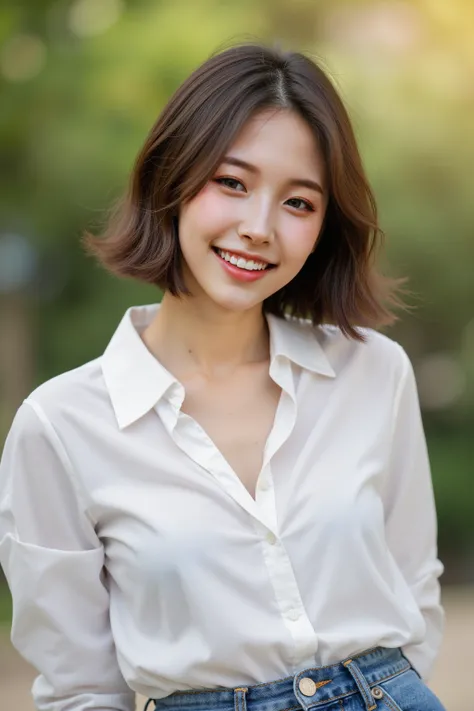 A 30-year-old Chinese woman with a Thai face, with short bob hair, wearing a chic but casual outfit, a white shirt tucked into high-waisted jeans. She has a slender and defined Chinese face, including almond-shaped eyes, a soft jawline, and fair skin. Her ...