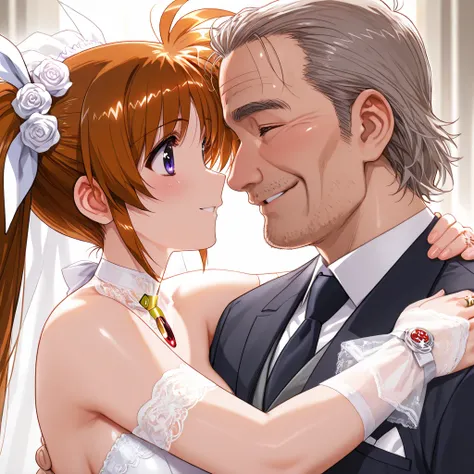 ((highest quality)), ((masterpiece)), (details), （perfect face）、Nanoha Takamachi, who has excellent proportions, has a gentle smile, wears a gorgeous pure white brown wedding dress, is dressed with gorgeous jewelry accessories, has a wedding at a gorgeous,...