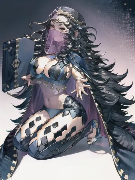 holding a book,opening the book,Nyx,bodystocking,(,dark personality:1.4)mouth veil,cape,mark on forehead,large breast size F cup,extremely long black hair down to knees,(hair spiky upwards),facial mark,black high heels,panties,navel exposed,tiara,transpare...