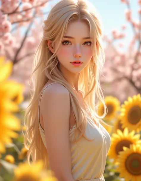 Anime girl with golden hair standing in a field of cherry blossoms,  beautiful sunflower anime girl, anime style 4k, detailed Digital Anime Art,  Beautiful Anime Portraits , Digital Anime Art
