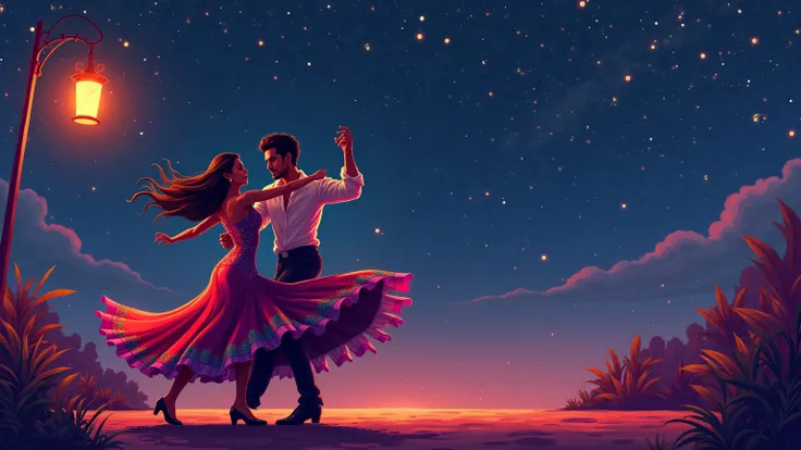 Bailemos Toda la Noche　踊り明かそう Fiery Salsa Rhythms Under the Stars
"A pair of salsa dancers mid-twirl under a glowing yellow lantern, their colorful skirts and shirts flaring against a starry night background, vibrant red and purple accents, minimalistic ye...