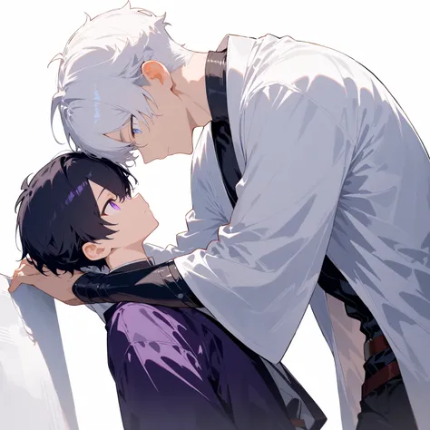 masterpiece, high score, great score, absurdres,
bishonen, twink,
2boys, yaoi, male/male,big dom small sub, height difference, age difference,white hair, short hair,side-parted,toned,twink,purple eyes,dark purple haori,BREAK,black hair,slim,(petite:0.8),bl...