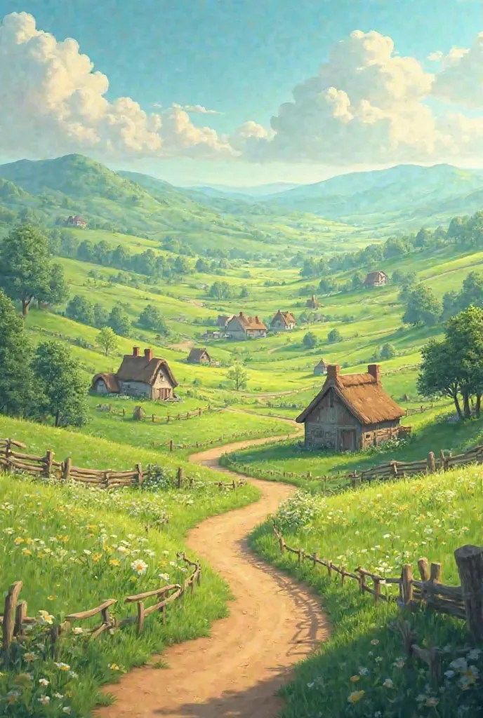 Country Village Field, There are paths, no character, 3d animation style 