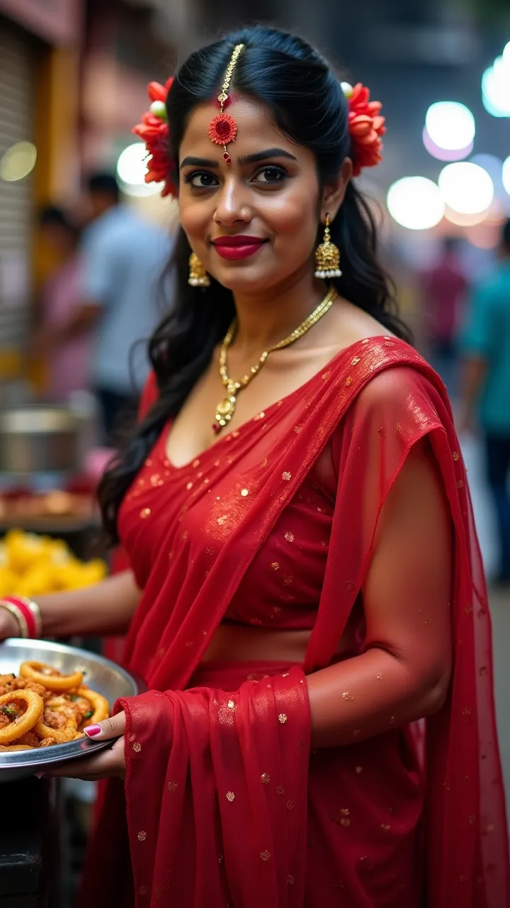 Front and side isometric view,Knee length photo of an Indian volptous thick milf as Street Vendor, frying Indian Street food, with lust in her eyes, black hair tied around, jasmin flowers in head,sandal mark on forehead, sindhur on forehead (vermilion mark...