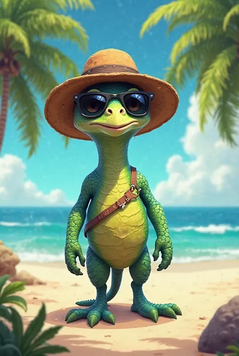 Cartoon cameleon with black sunglasses and an adventurer's hat on the beach