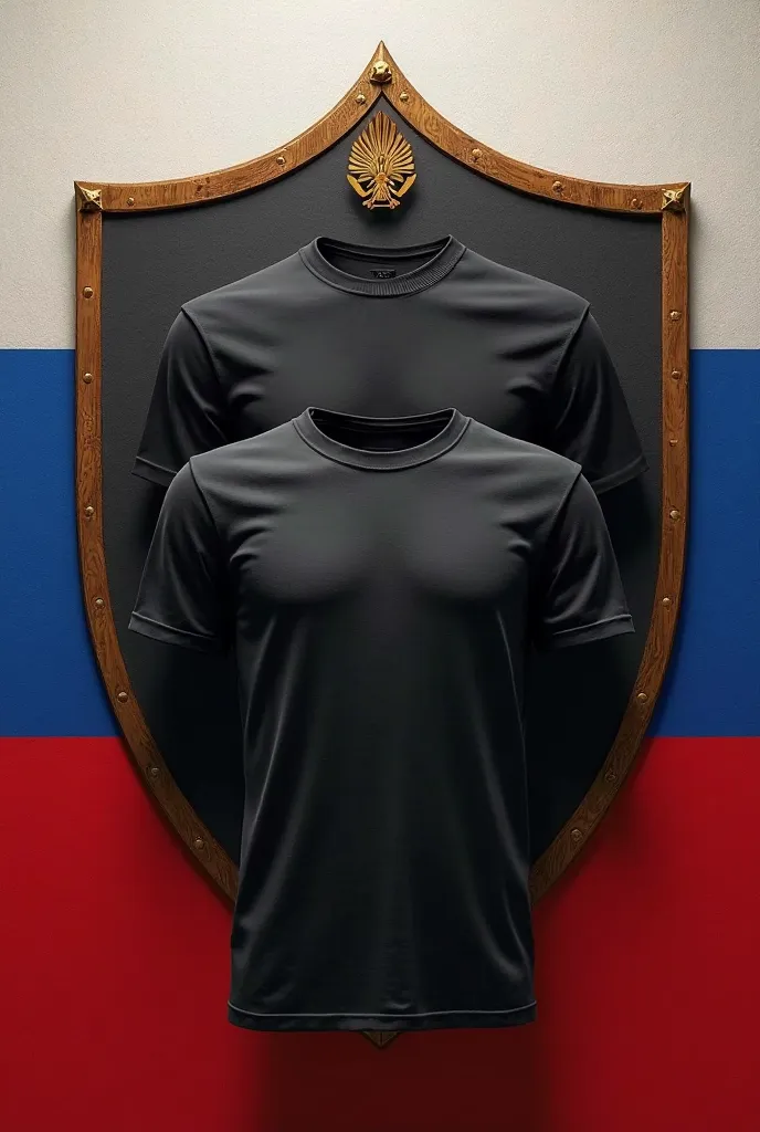 3 BLACK T-SHIRTS ON the BACKGROUND of a shield and a Russian flag