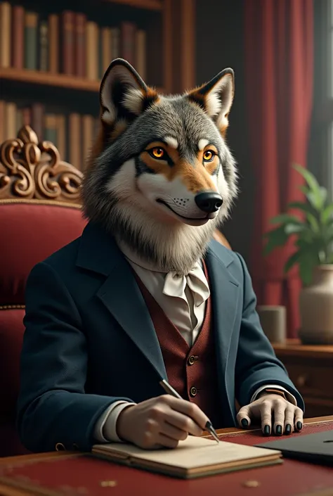 Create an image of a wolf with an elegant merchant personality, that is located in an elegant office 