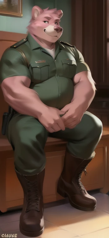   alone,  Tall Big Man  ,  Sitting Inside  .,  in wardrobe  ,pink bear  ,black green​ Army​ uniform​,   Wearing Boots  ,   Overweight,   Muscle ,  smirking , by chunie  