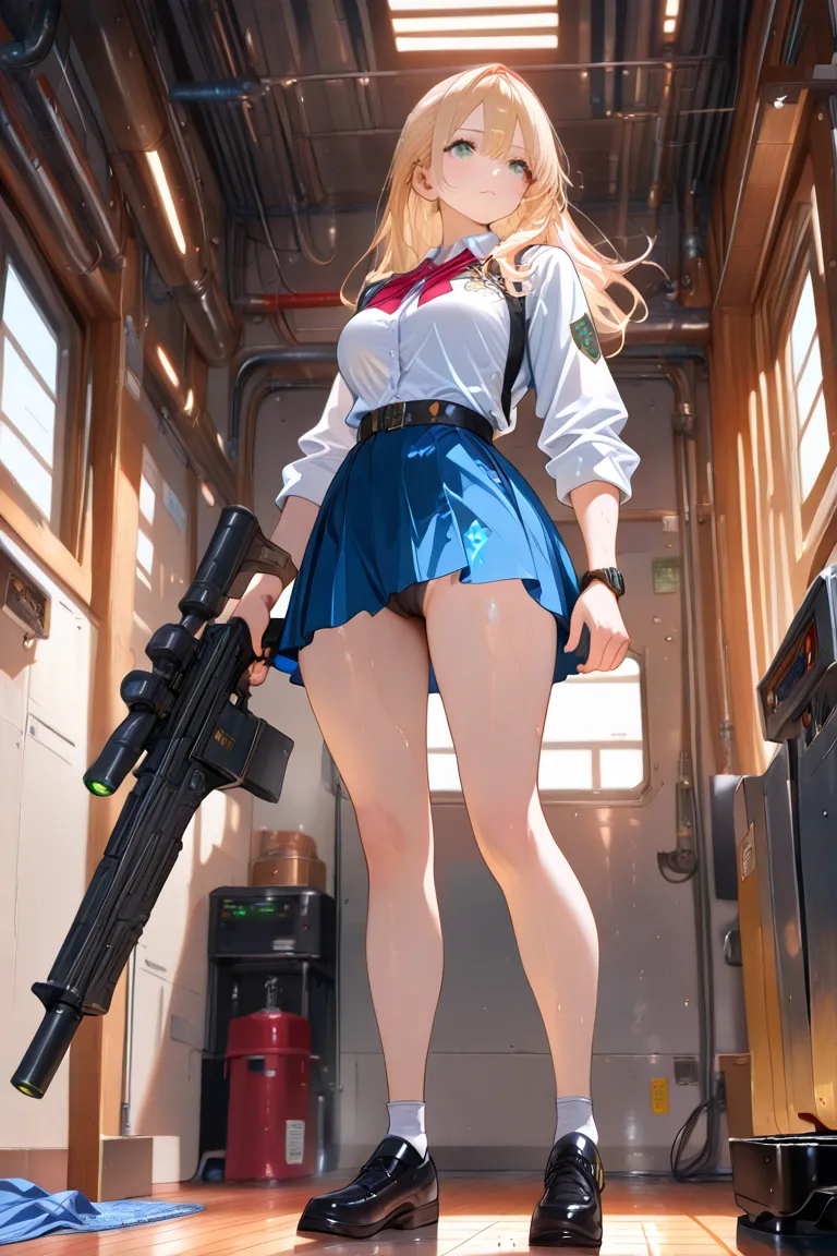 anime - style illustration of a woman in a red and gray high school uniform, laser GUN action video game character, holding a GUN, official character art, full body, female action anime girl, sweaty, factory area, (masterpiece:1.2), (best quality:1.2), (ve...