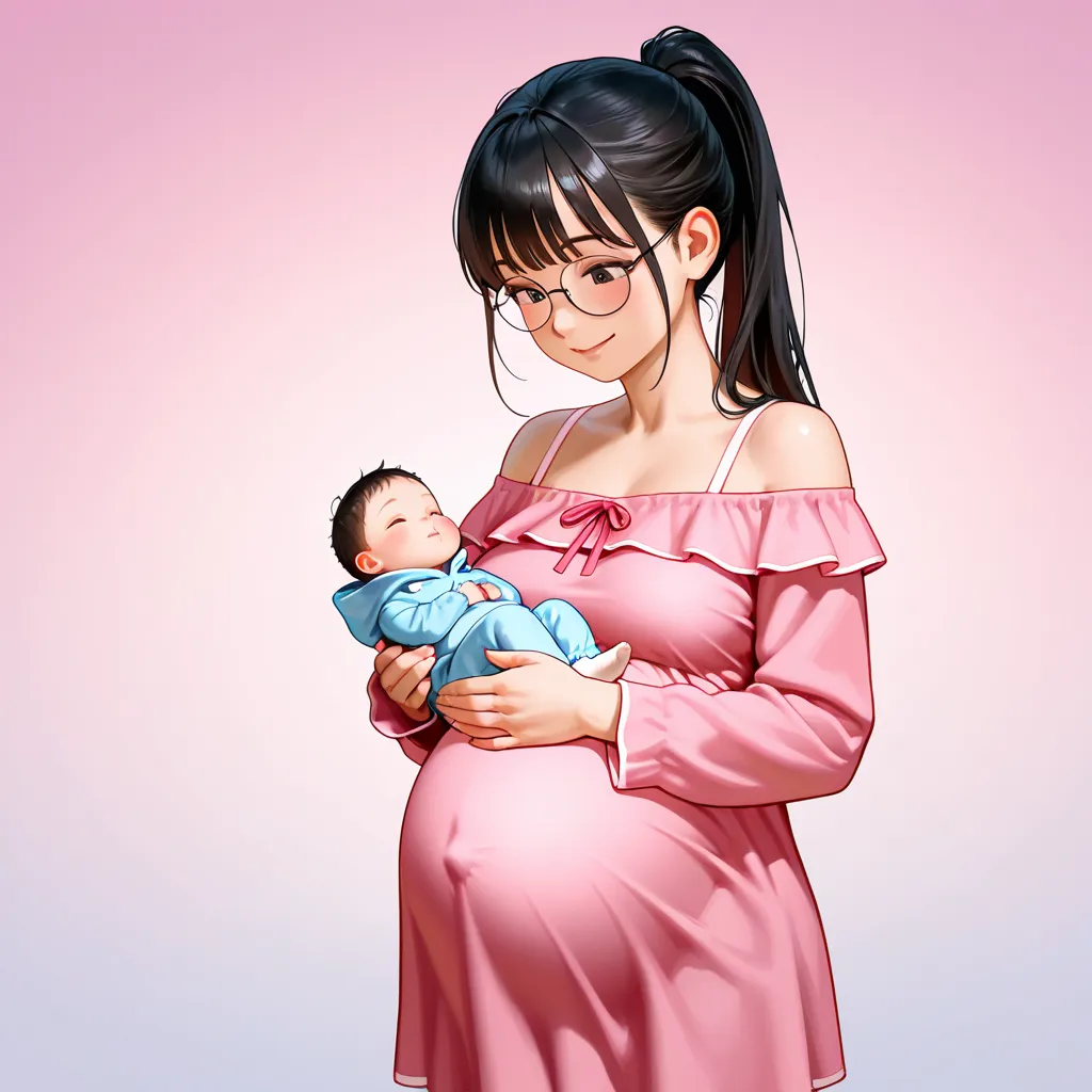  Premium ,amazing quality,absurdity,break, 1girl ,A cute Asian woman who is fully pregnant is holding a baby with both hands, baby in pajamas, black hair, off-shoulder dress with short galaxy,long hair,ponytail,Looking down on a baby,Lovely Expression,A co...