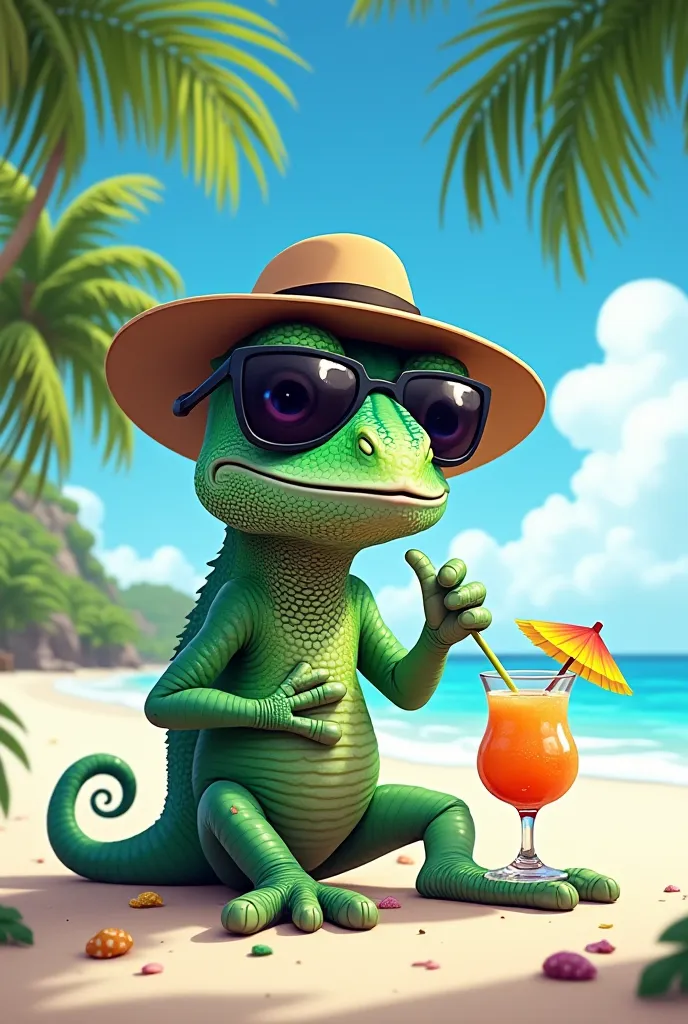 Cartoon cameleon with black sunglasses and an adventurer's hat on the beach drinking a cocktail 