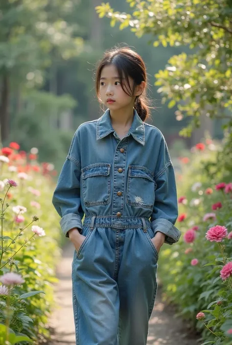 A Korean girl is wearing an adult denim dumbler in the garden. 

