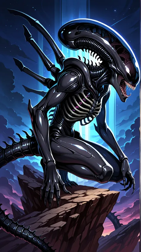 Beautiful Female Xenomorph,  photorealistic style, creature, science fiction, dark, Textura elegante, glowing exoskeleton, biomechanical design, Cabeza alargada, elongated jaw, sharp teeth,  penetrating black eyes , cuerpo delgado, Biomechanical tail, tran...