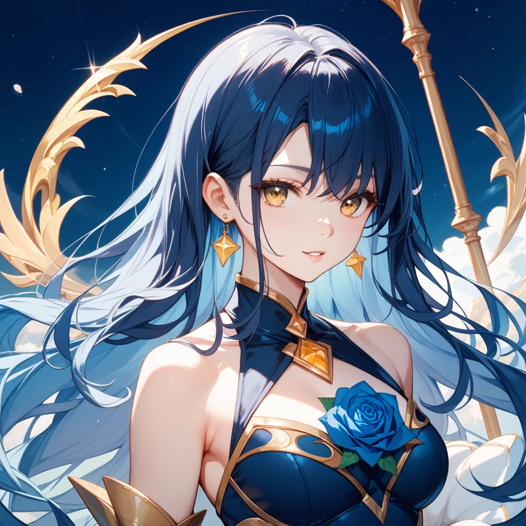  dark blue hair 、Hair like the night sky、long hair、healthy white skin、golden eyes、Magical Girl、 blue rose 、cool expression