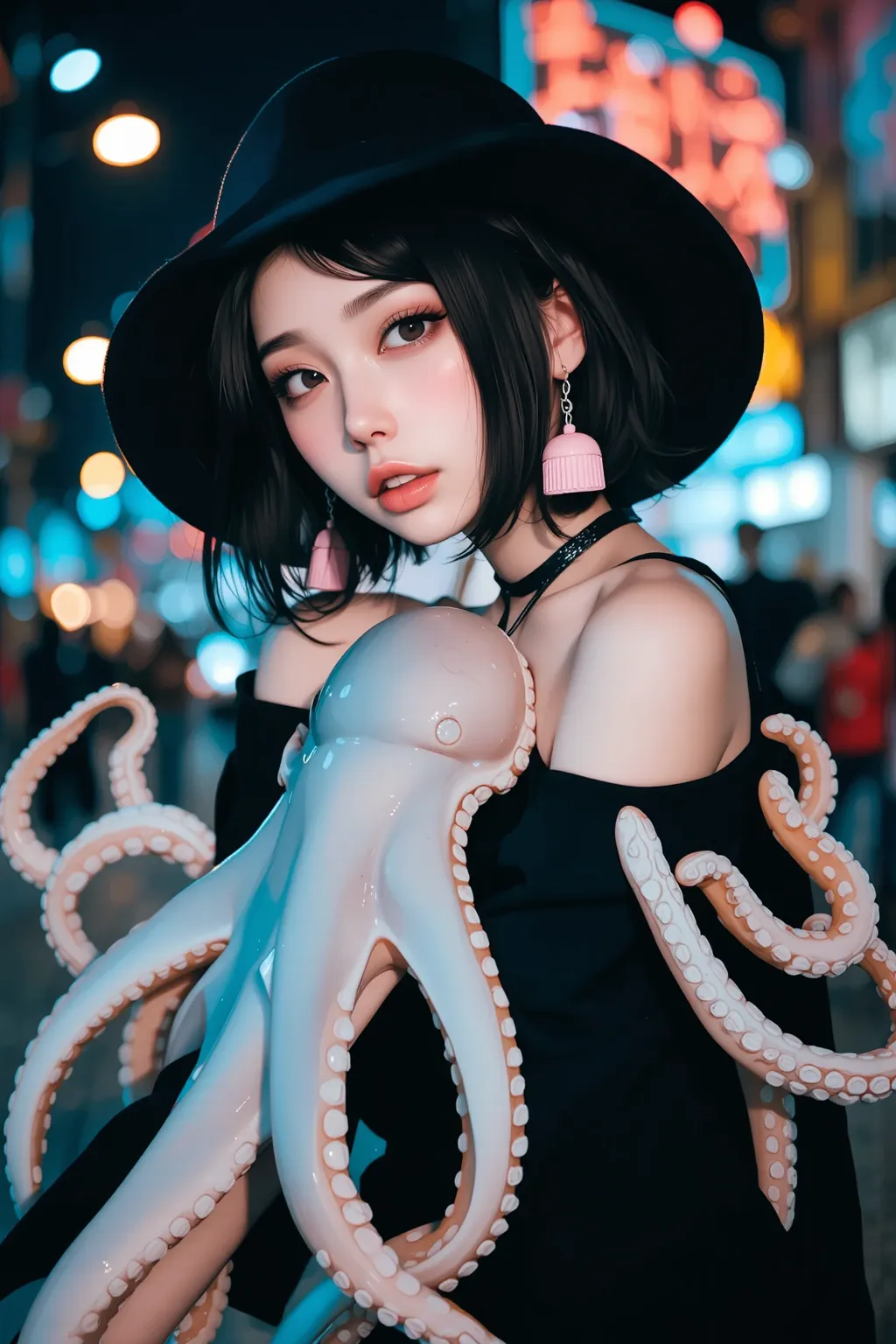 (((animation)))  one woman,girl,with dark hair,Tags ,Wear a black hat,A commemorative photo with a giant octopus in front of a ,Pink Earrings, necklace,(cross),Spike collar Cool, Look Here , brown eyes,Big eyes Black drop shoulders,I can see your shoulders...