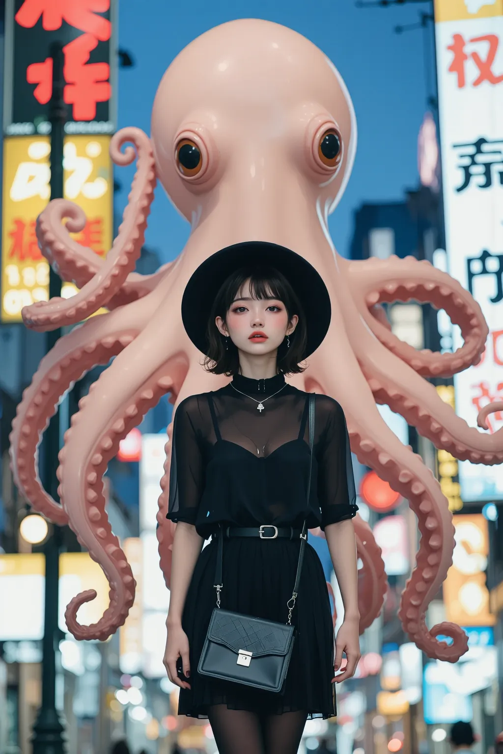 (((animation)))  one woman,girl,with dark hair,Tags ,Wear a black hat,A commemorative photo with a giant octopus in front of a ,Pink Earrings, necklace,(cross),Spike collar Cool, Look Here , brown eyes,Big eyes Black drop shoulders,I can see your shoulders...