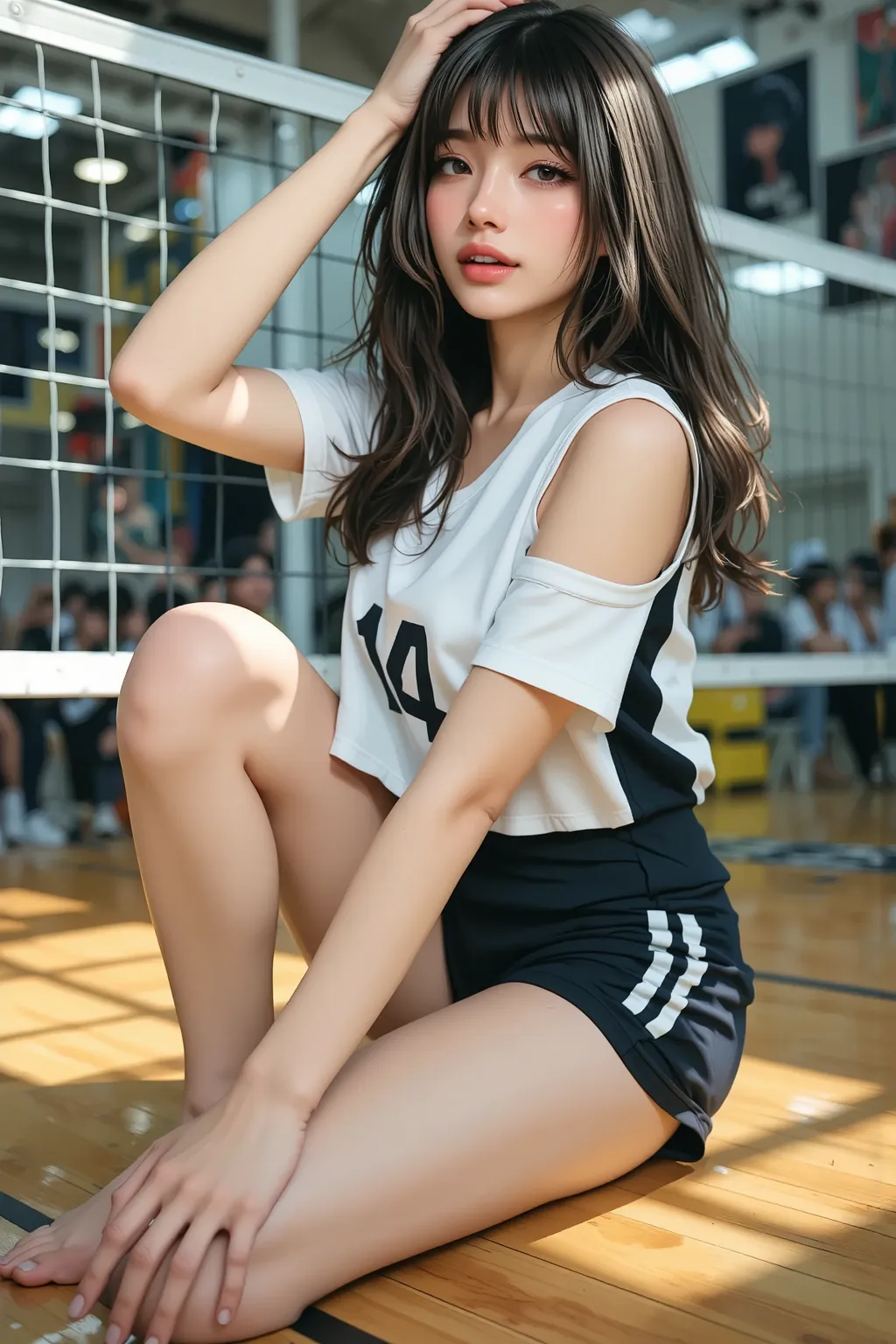 1lady solo, /( tight volleyball uniform/), /( dark brown hair/)  bangs, blushing bright smile, (Masterpiece Best Quality:1.2) Delicate Illustration Ultra High Definition,  rest  /( Indoor Volleyball Court /)