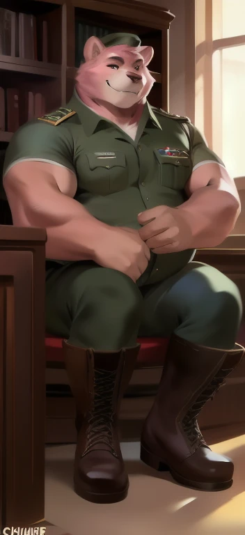   alone,  Tall Big Man  ,  Sitting Inside  .,  in wardrobe  ,pink bear  ,black green​ Army​ uniform​,   Wearing Boots  ,   Overweight,   Muscular ,  smirking , by chunie  