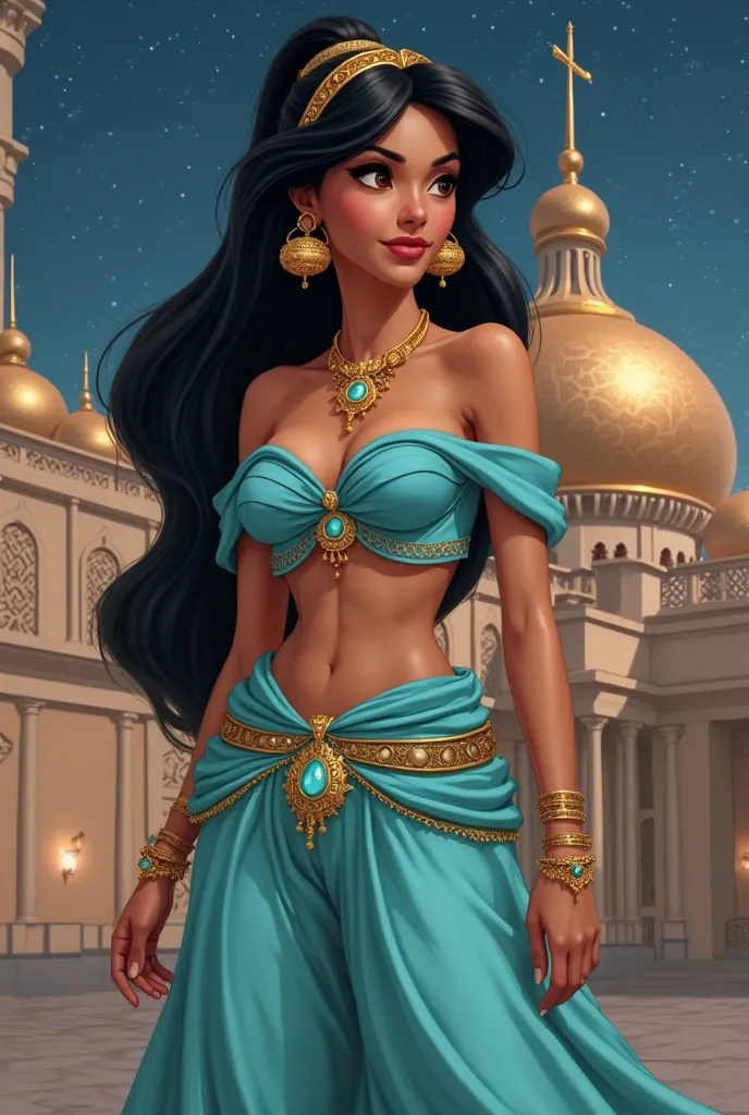 A realistic depiction of Princess Jasmine, a stunningly beautiful woman with tan skin, long silky black hair styled in a high ponytail with golden bands, and expressive almond-shaped brown eyes. She wears her iconic turquoise outfit: a cropped top with off...